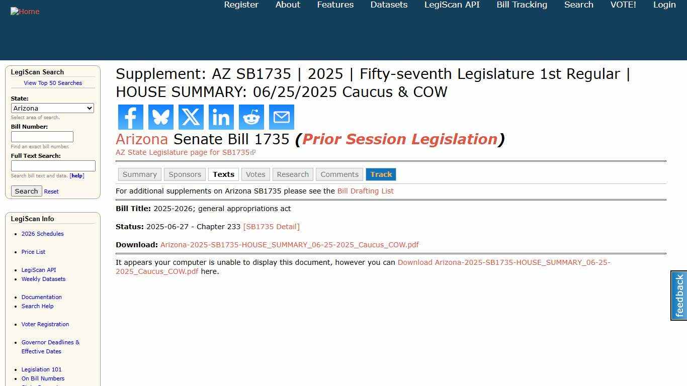 Supplement: AZ SB1735 2025 Fifty-seventh Legislature 1st Regular HOUSE SUMMARY: 06/25/2025 Caucus & COW LegiScan