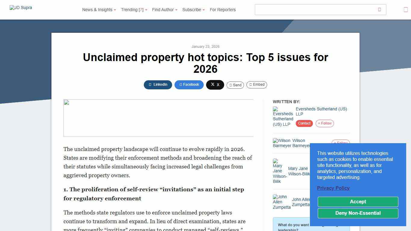 Unclaimed property hot topics: Top 5 issues for 2026 Eversheds Sutherland (US) LLP - JDSupra